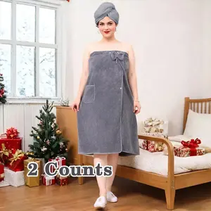 Plus Size Bath Skirt & Dry Hair Cap Set, 2/4 Counts Solid Color Coral Velvet Bathrobe & Hair Drying Cap, Household Bathrobe for Women, Absorbent Thickened Towels