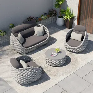 Homary Cocaro 4-Piece Outdoor Rope Weave Swivel Sofa Set with Coffee Table, Patio Furniture Set, Outdoor Patio Furniture with Swivel Chair