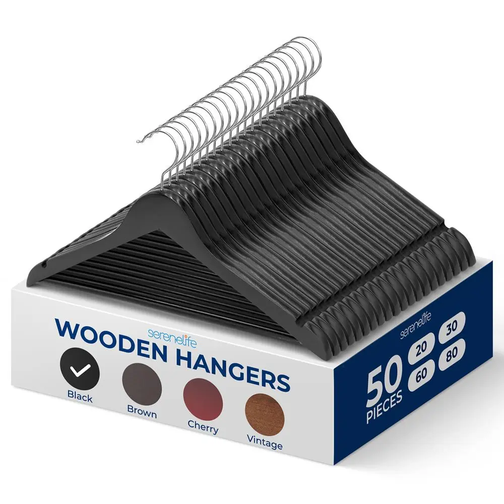 50 Pack Wooden Coat Hangers - Black | Heavy Duty Wood Clothes Hangers with Pants Bar & 360° Swivel Hook - Space Saving Closet Hangers for Suits, Shirts, Jackets, Dresses & More