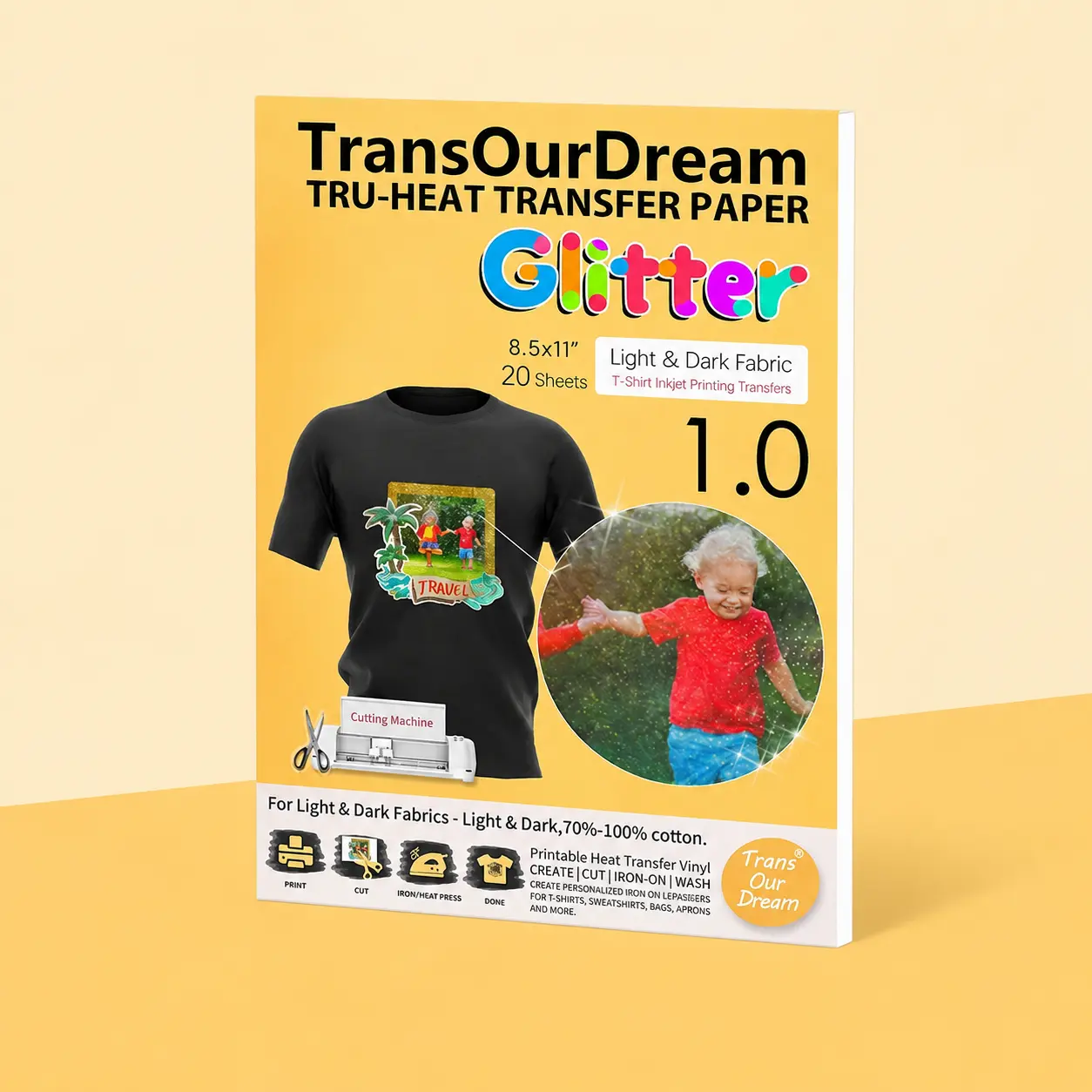 TransOurDream Glitter Heat Transfer Paper for Dark T-Shirts - 20 Sheets 8.5x11" Inkjet Printer Iron-On, Shiny Handicraft Material for Small Businesses’ DIY Custom Wear Projects, Beginner-Friendly Washable Accessory, Diy Craft Supplies, All Ages