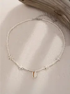Summer-themed seashell and starfish beaded polymer clay necklace, unique design, seed bead clavicle chain, unisex jewelry.