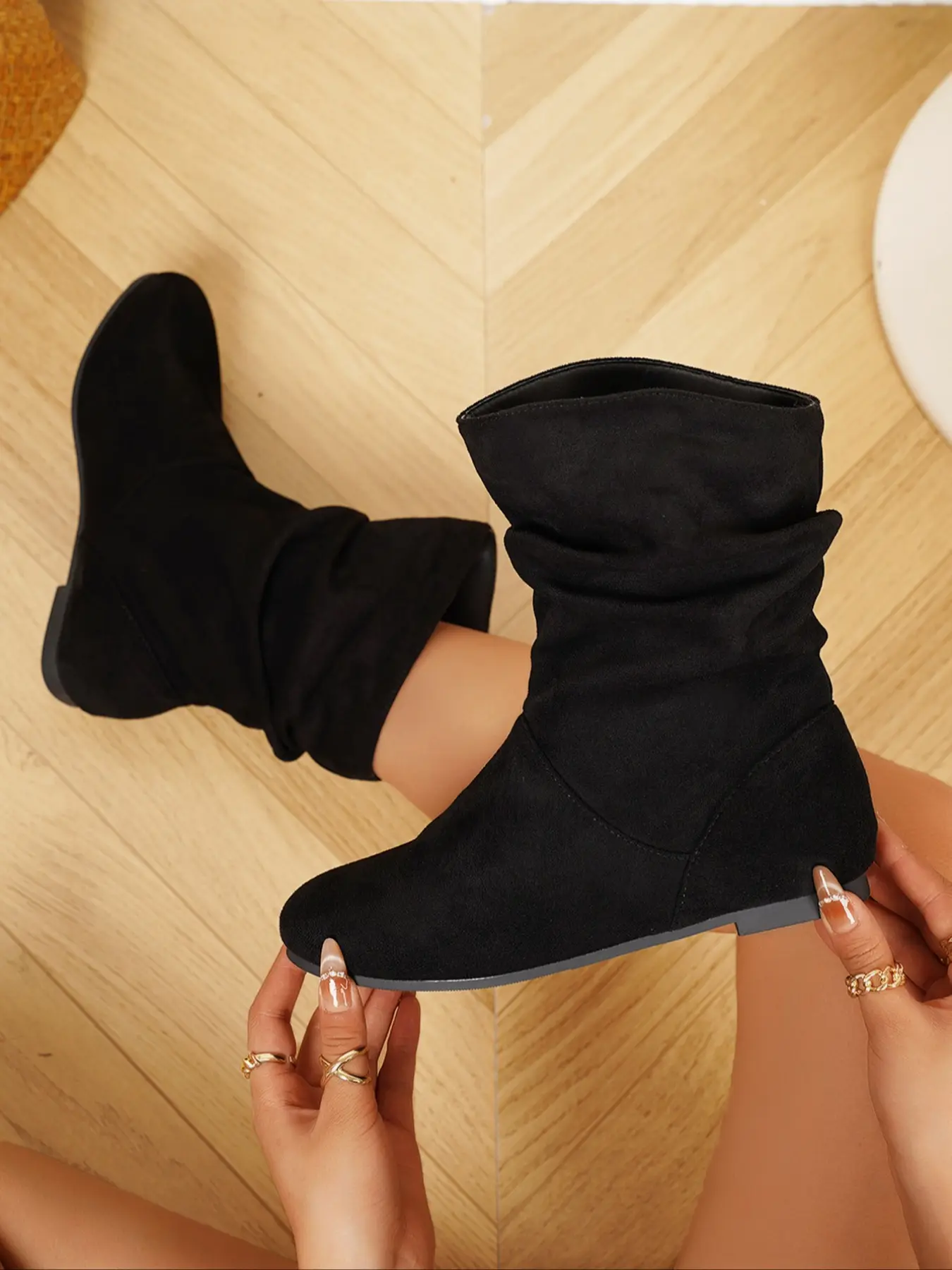 Women's Fall Winter Low Top Boots, Faux Suede Pleated Boots, European Style Short Boots, Vintage Ruched Boots, Outdoor Casual Fashion Boots, Winter Warm Boots, Solid Color Boots, Rubber, Footwear Boot