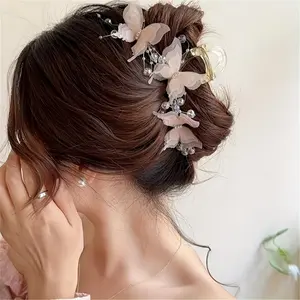 Elegant Butterfly Hair Claw with Rhinestones & Beads - Y2K Inspired, Large Fairy-Style Shark Clip for Women Perfect Weddings, Christmas New Year Gifts