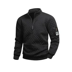 Men's casual stand up collar long sleeved sweatshirt - Knitted fabric checkered pattern outdoor fitness activity top