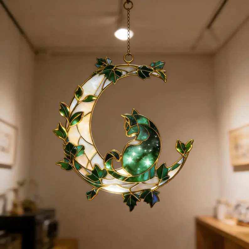 Birthday Gift, Moon Cat Acrylic Suncatcher, Ivy Botanical Window Hanging, Celestial Prism Light Catcher, Cat Lover Wall Decor