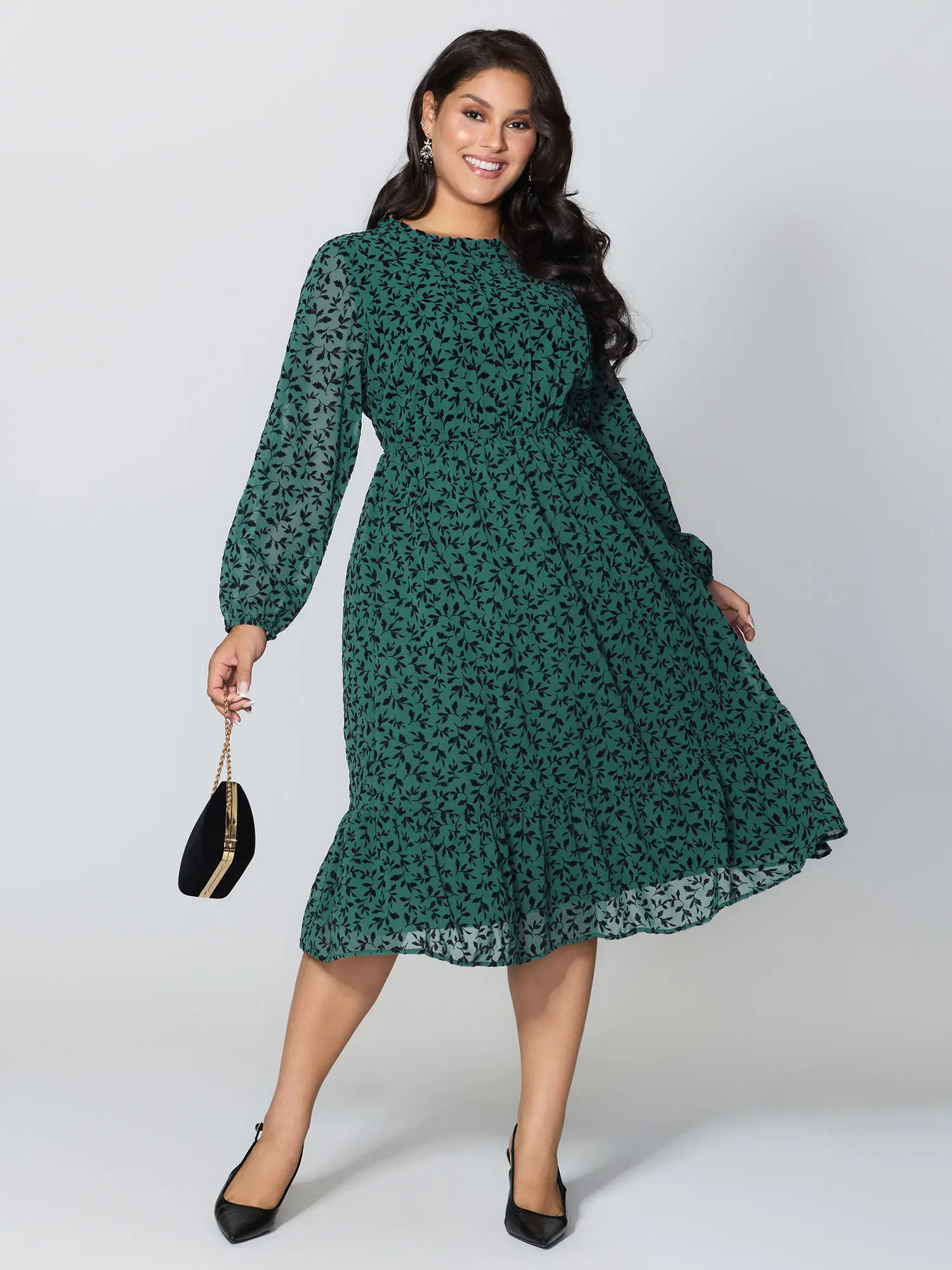 BloomChic Women's Curvy Dresses Plus Size Ruched Classic Regular Fit Pullon Fast Wear Midi Dress - Polyester Shell, Leaf Print, Collared Lace Neck, Long Sleeves, Side Pocket, Comfy, Breathable, Smooth - Cold Wash