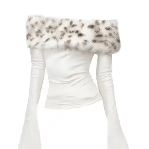 Luxury Fur Graphic Long sleeve T shirt Y2k Women Autumn Winter Off shoulder Tops 2000s Vintage Basic Blouse Tees White Shir