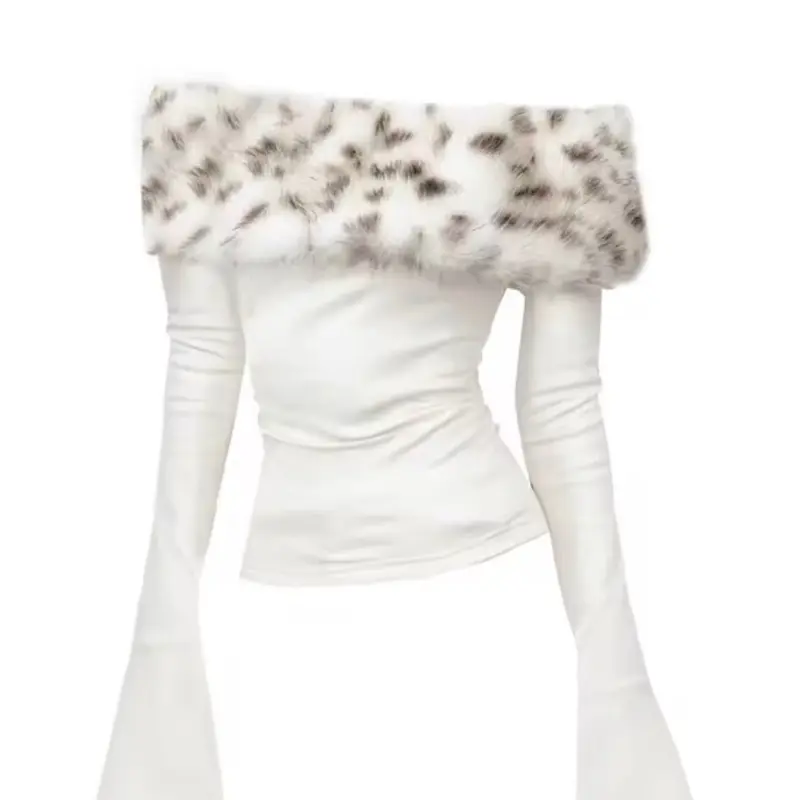 Luxury Fur Graphic Long sleeve T shirt Y2k Women Autumn Winter Off shoulder Tops 2000s Vintage Basic Blouse Tees White Shir