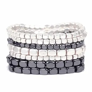 Chunky Nugget Multi Strand Stacking Statement Stretch Bangle Bracelet Set of 7 Matte Two Tone Silver Hematite with Enamel Coating, 2.5 Inch Diameter