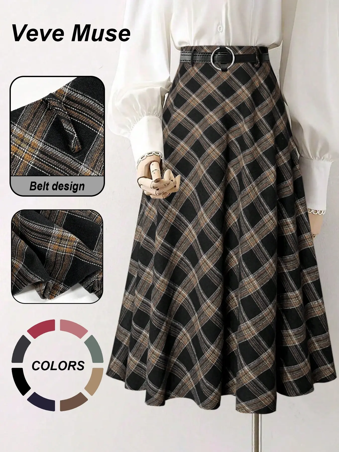 Women's Belted High Waist Plaid A-Line Midi Skirt Vintage British Style Checked Flared Skirts Office Workwear Business Casual Elegant Dark Academia Preppy Aesthetic Modest Daily Outfits Old Money Spring Viral Classic Check Skirt High Waisted Skirt