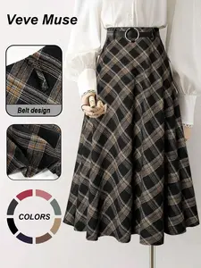 Women's Belted High Waist Plaid A-Line Midi Skirt Vintage British Style Checked Flared Skirts Office Workwear Business Casual Elegant Dark Academia Preppy Aesthetic Modest Daily Outfits Old Money Spring Viral Classic Check Skirt High Waisted Skirt