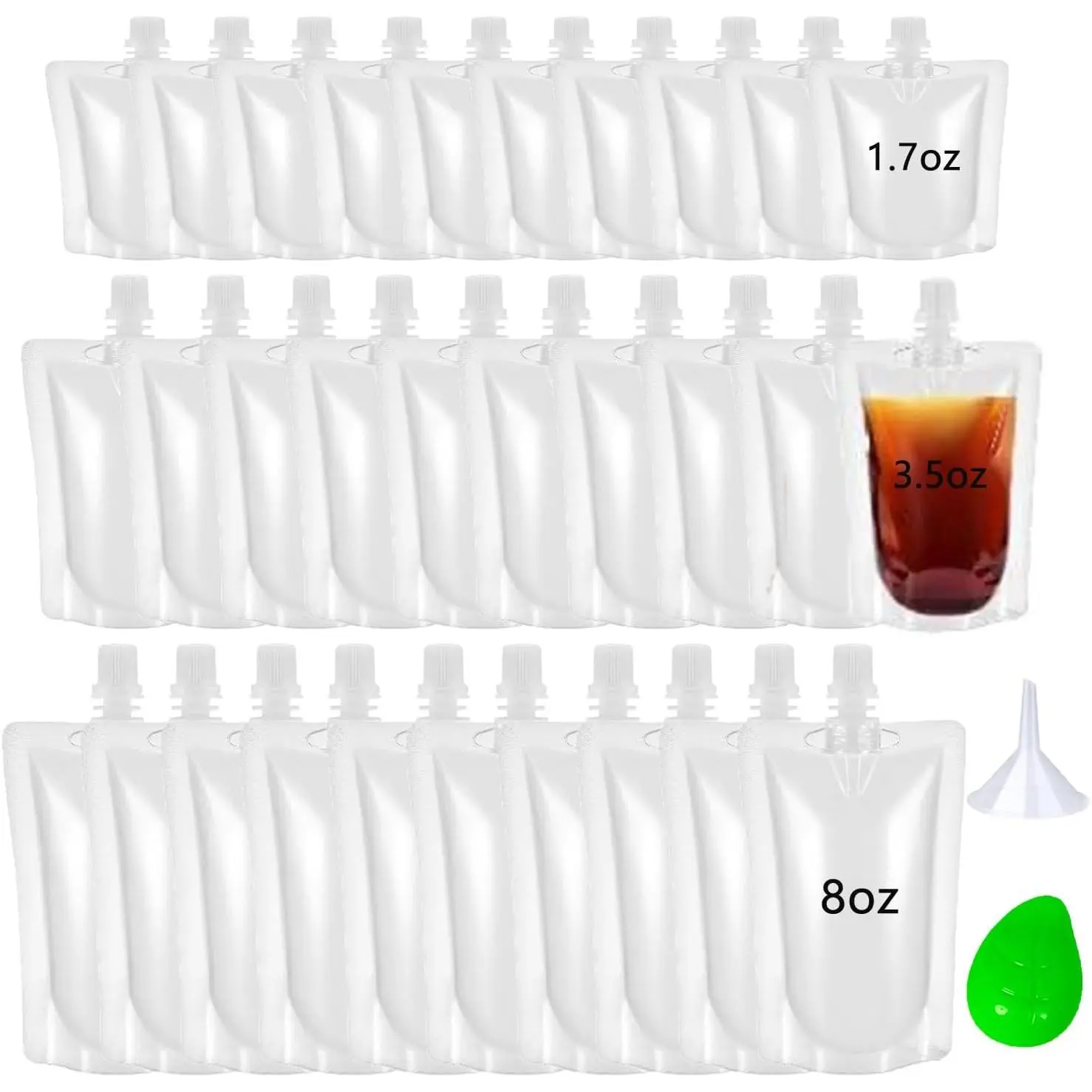 30 Pack  Pouches with Screw on Cap Disposable Drink Pouches Beverage Bags 1.7OZ 3.5OZ 8OZ Portion Juice Pouch Carrier Smoothie Bag for Freezer Travel Events Homemade Drinks Refrigerator