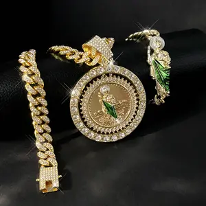 2026 Viral San Judas Tadeo Gold Plated Diamond Pendant Necklace & Bracelet Set Stainless Steel Cuban Chain 7.87 & 19.6 Inches Gift Box Included Ideal for Women Men Birthday Present