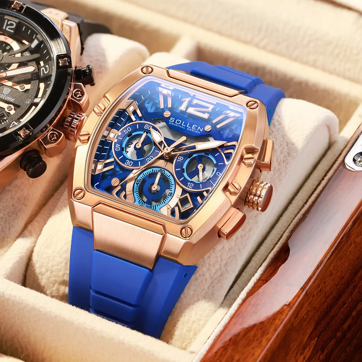 SOLLEN Men's Unique Tono Case Quartz Watch - 24-hour Chronograph & Calendar Multi-function, Silicon Strap, Gift for Birthday (Boyfriend/Husband)/Valentine's Day/Father's Day/Wedding - 719 fashionable waterproof watch