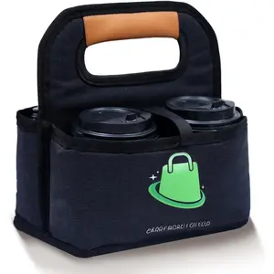 E's 4 Cup  Coffee Cup Carrier for Delivery, Insulated, , Portable Tote Bag Drink Holder with Leather Handle Organizer for Cold/Hot Beverages (16oz to 24oz)