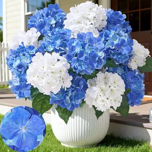 12 Heads Artificial Flowers for Outdoors, UV Resistant Faux Hydrangea Flowers for Outdoor Planters Front Porch Garden Window Box Patio Decor (White&Blue)