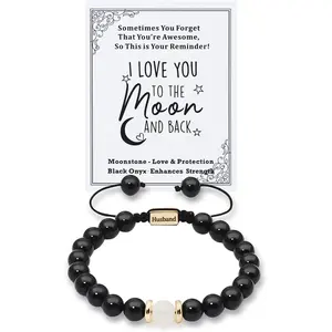 Black Onyx Moonstone Healing Crystal 8mm Beads Braided Bracelet I Love You to the Moon and Back Gift for Men Women