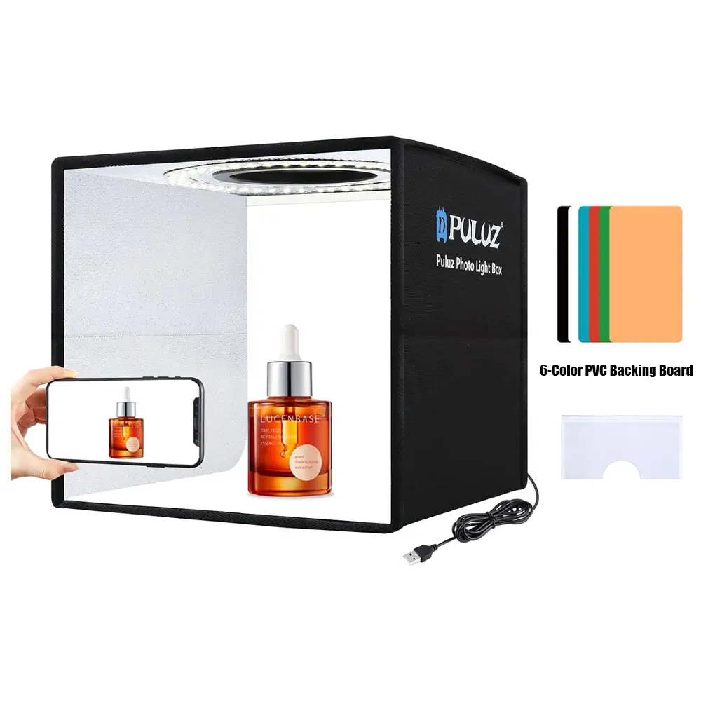 11.8x11.8in Foldable Mini Photo Studio Light Box, Portable Camera Accessory with CRI>95 120-LED White Illumination, Dimmable Picture Tent, 6 Backdrops & Diffuser Kit for Small Products