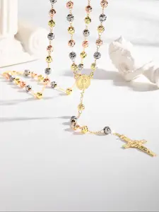 Fashion Three-Color Beaded Saint Benedict Charm Necklace, Cross Chain Design, 6mm Round Beads Jesus Cross Pendant, Women's Holiday Gift Jewelry