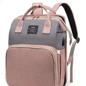 LAND Portable Folding Crib Bed Mommy Bag - Pink & Gray Travel Backpack with Adjustable Straps and Compact Design for Easy Travel