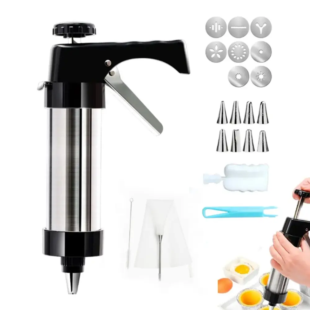 Churro Maker Machine, Stainless Steel Churros Gun Kit, Cookie Press Gun with Piping Bag, 8 Piping Nozzles, 8 Cookie Discs, Cream Spatula, Bakeware, Bakery Supplies, Baking Tools, Baking Supplies