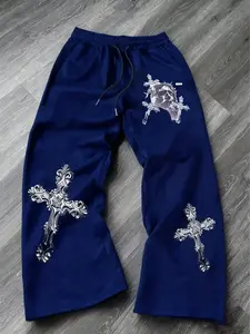 Men's "STARRY" Jesus & Cross Print Baggy Sweatpants | Y2K Streetwear Wide-Leg Pants with Drawstring Waist | Soft Fleece Casual Trousers for Skate, Hip-Hop & Street Style | Ideal for Gen Z Guys, Streetwear Enthusiasts & Religious Fashion Lovers