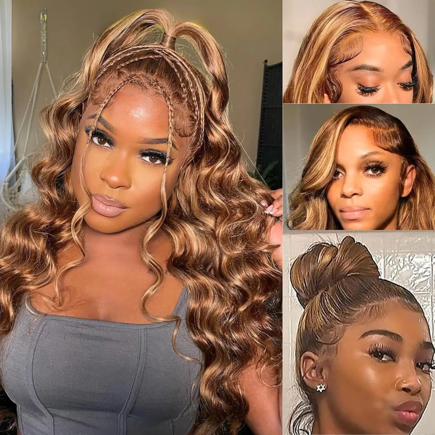Urody Hidden Strap 360 Body Wave Highlight Brown Lace Front Wigs Human Hair 360 Lace Wigs Pre plucked with Drawstring