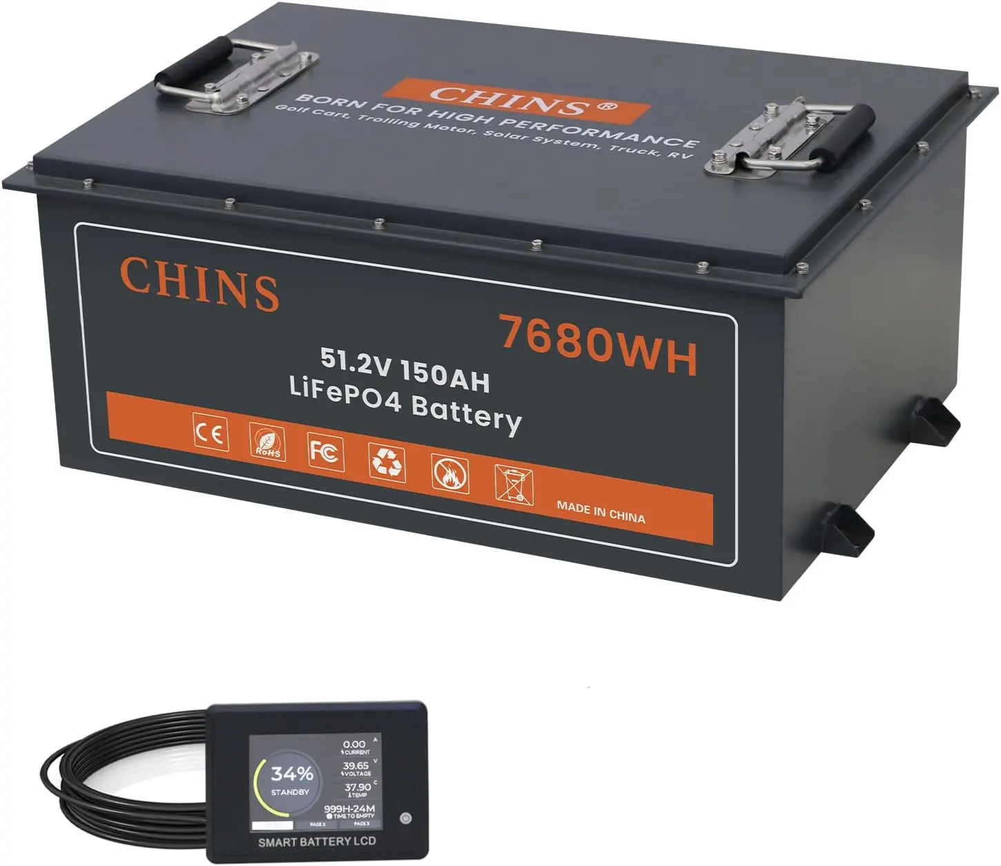 CHINS Smart LiFePO4 Battery Bluetooth 48V 150AH Lithium Battery Perfect for Golf Cart, Trolling Motor, Marine, Built-in 200A BMS, Includes Battery Monitor, Peak Current 1000A