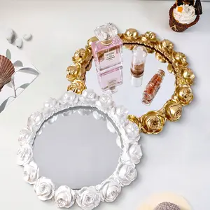 Elegant Rose Ring Mirror Tray, Resin Hand-Painted Home Decor, High-Definition Glass Inlay, Perfect for Photography Props, Makeup Storage and Home Jewelry Organizer, Jewelry Storage Unit