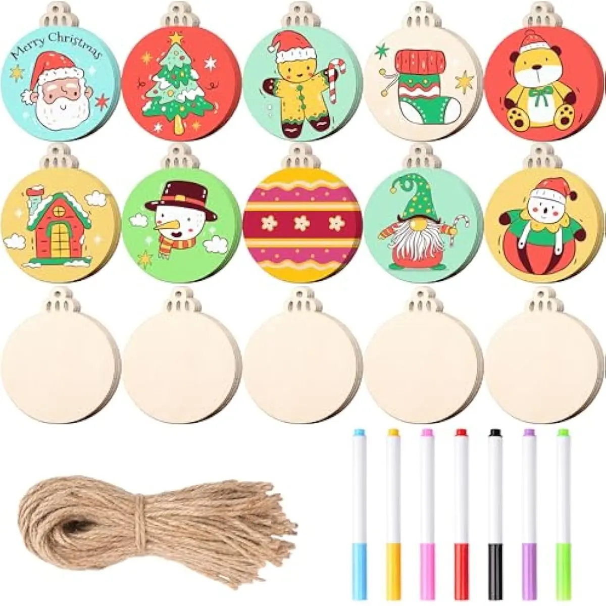 JOYIN 100 Pcs Christmas Wooden Hanging Ornaments with 8 Colored Pens, Unfinished Wood Round Ornaments to Paint for Kids Crafts, DIY Coloring Ornament for Xmas Tree Decorations Party Supplies(Age 8+)