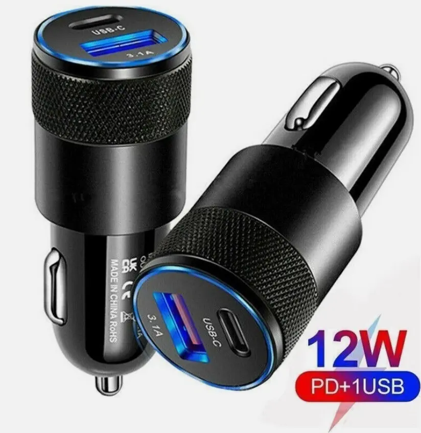 2-Port Vehicle Fast Charger Adapter for Cars - Cigarette Lighter Car Plug Accessory, 12V 12W Power Supply with PD USB-C and 3.1A USB-A Output, Compact Mobile Charging Tool