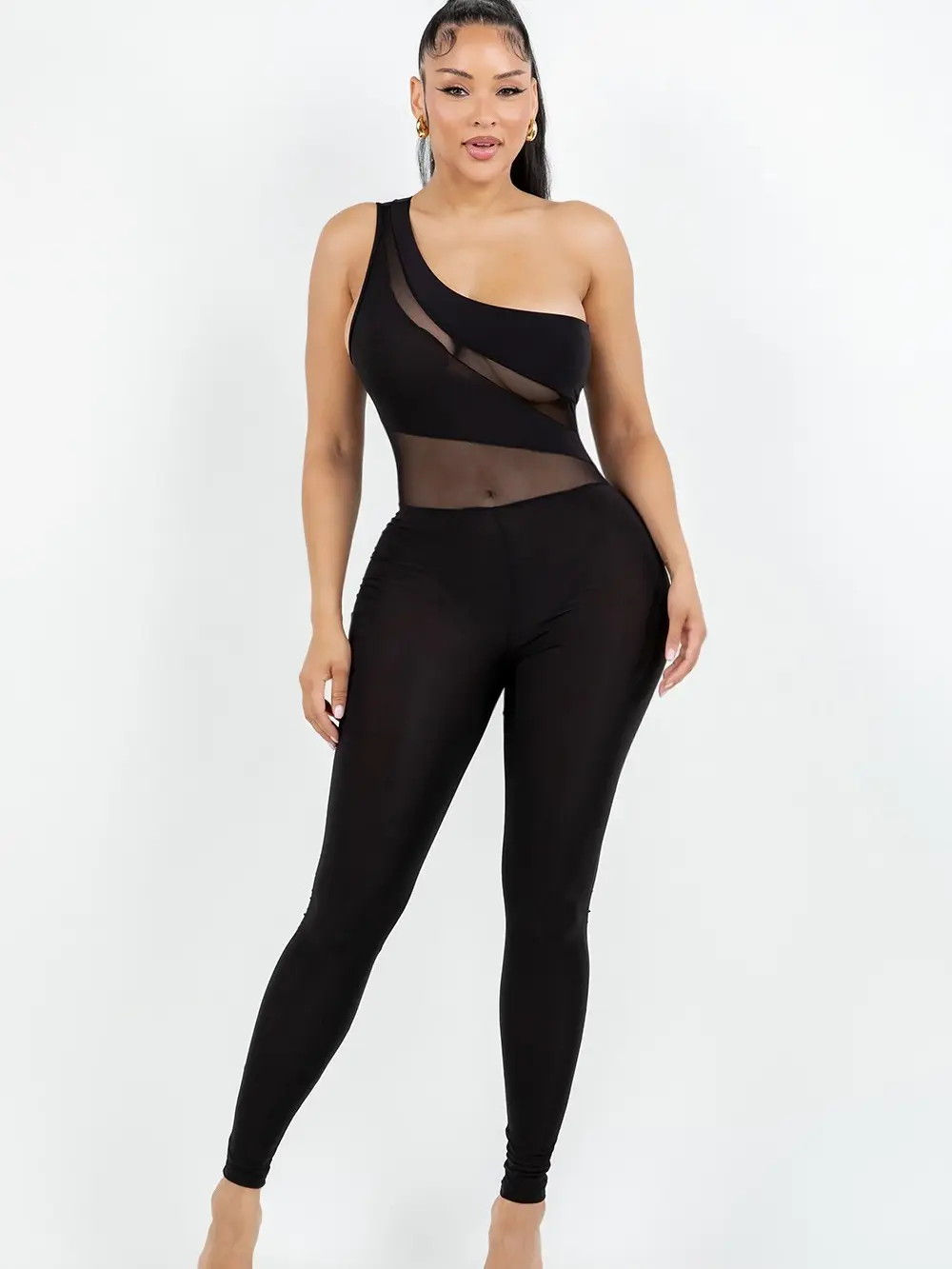 One Piece Mesh Jumpsuit - Black Evening Wear with Unique Mesh Fabric Design for Stylish Modern Looks