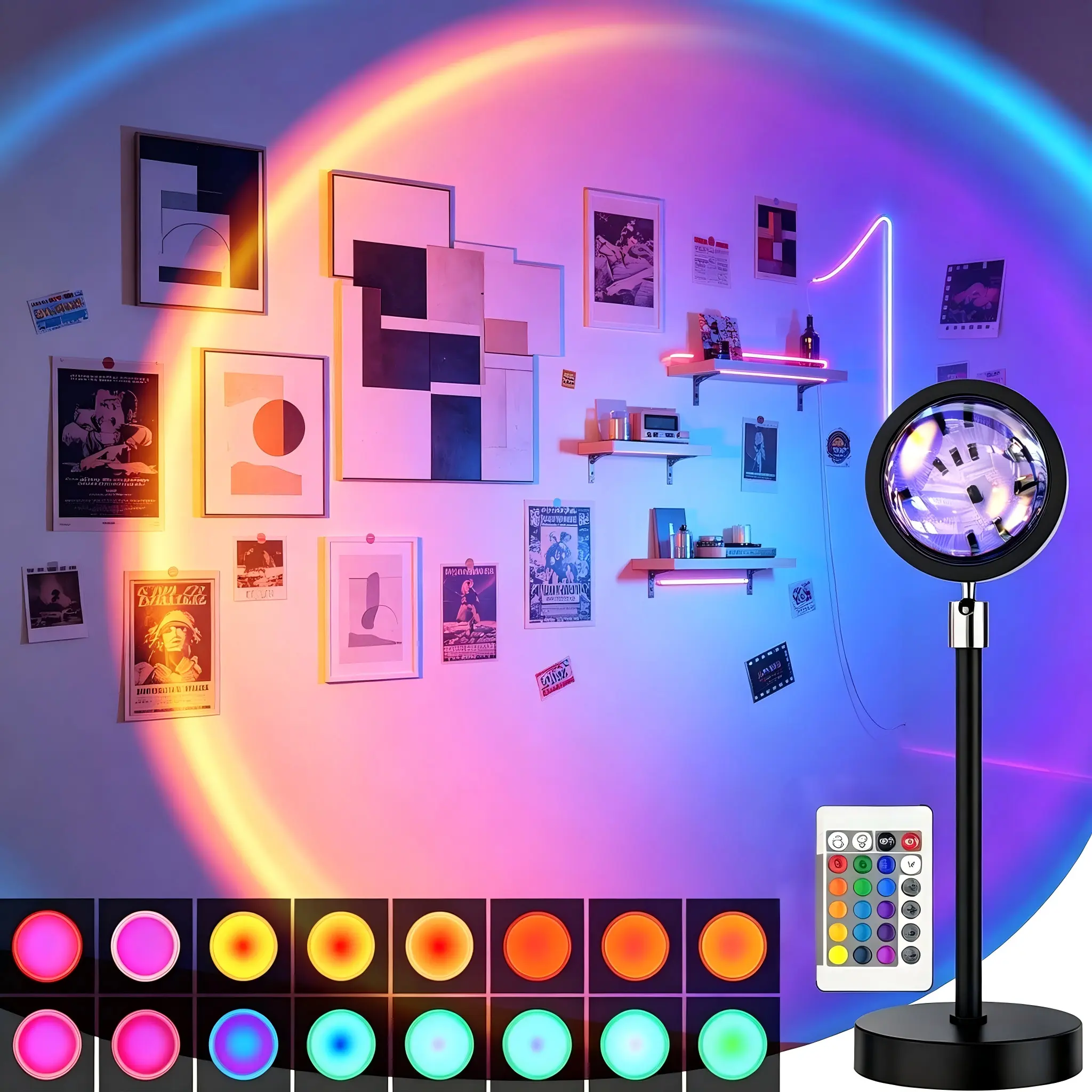 Fall Sunset Lamp Projector Light 180° Adjustable Sunset Mood Lamp, 4 Modes, Remote Control RGB Ambient Night Light for Bedroom, Gaming Room, Live Streaming Photography & Parties Home Wall Decor Party Led Lighted Gift Led Multi Multifunction Rgb Colors