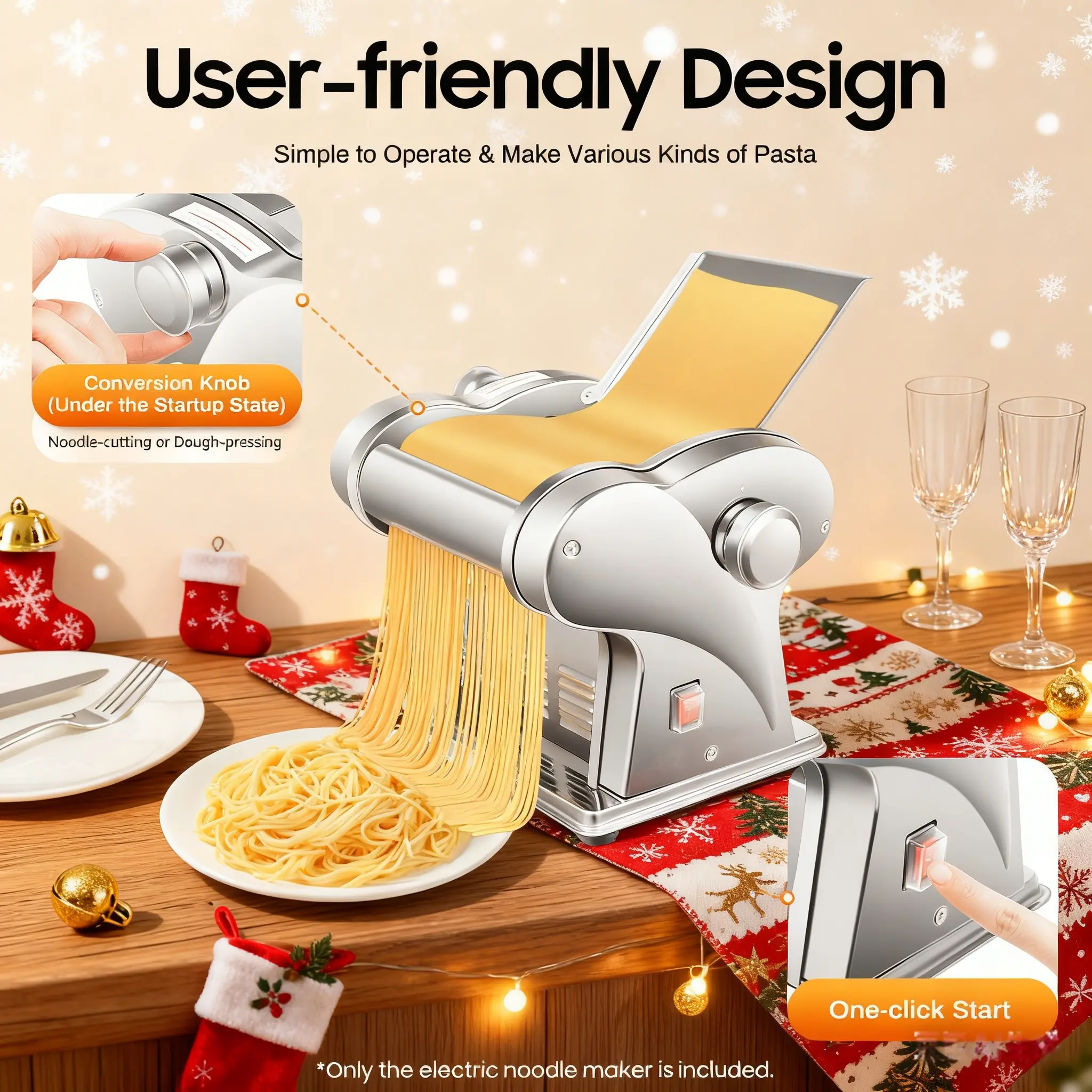 Electric Noodle Maker, 135W Fast Motor (110V), 8 Thickness Settings (0.5-3.5mm/3.5mm), 7.5kg Capacity, Stainless Steel Dumpling Wonton Dough Roller-Cutter-Slicer, Kitchen Gadgets for Home Kitchen Use
