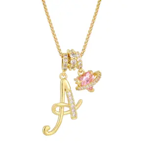 GGIRL Women's Initial Heart Necklace, 18K Gold-Plated Pink Cubic Zirconia Letter Pendant Jewelry, Ideal Gift for Christmas & Birthdays