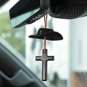 Joytutus Denim-Style Cowboy Hat & Cross Rearview Mirror Hanging Ornament, Faith-Themed God Bless Gift for Believers, Car Interior Ornaments, Vehicle Accessories, Cars Accessories
