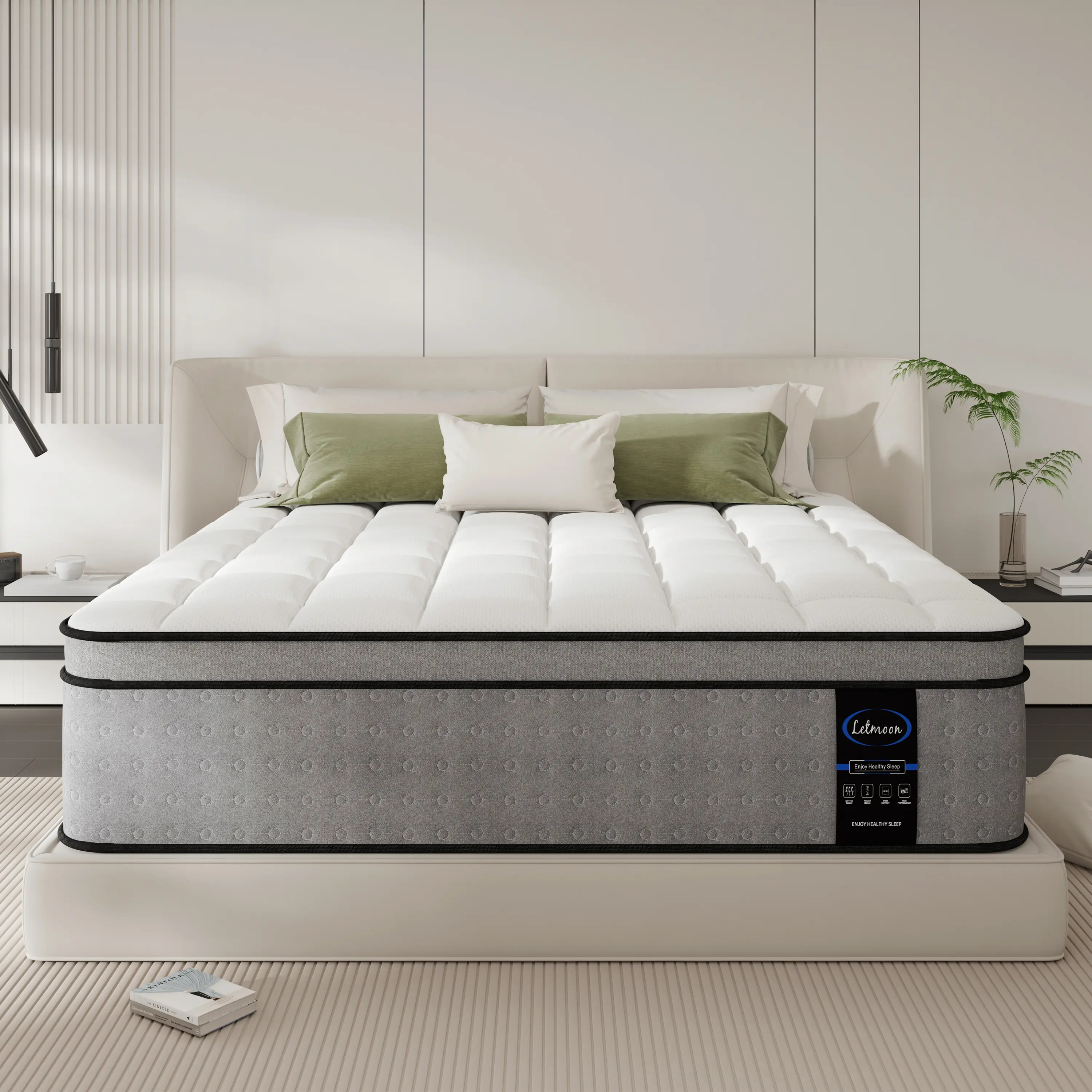 LETMOON 12/14 inch Twin XL/Queen/California King Size Hybrid Mattress with Lumbar Support,Medium Firm Spring Mattress in a Box, Knit Cover,Pocket Coils,CertiPUR Certified,Strong Edge Support,Pressure & Bed Sore Relief