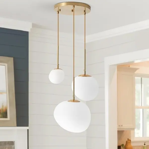 3-Head Irregular Sandblasted White Glass Cluster Pendant Light - Brushed Brass Round Canopy, Separately Adjustable Cords, E26 Base, Switch Included, Unique Design Modern Organic Hanging Lamp for Dining Room, Study