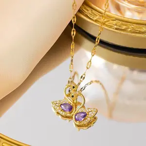 Gold Plated Purple Swan Necklace, Chic Zircon Micro-Pave Pendant, Luxury Elegant Statement Jewelry for Women DZXL3554
