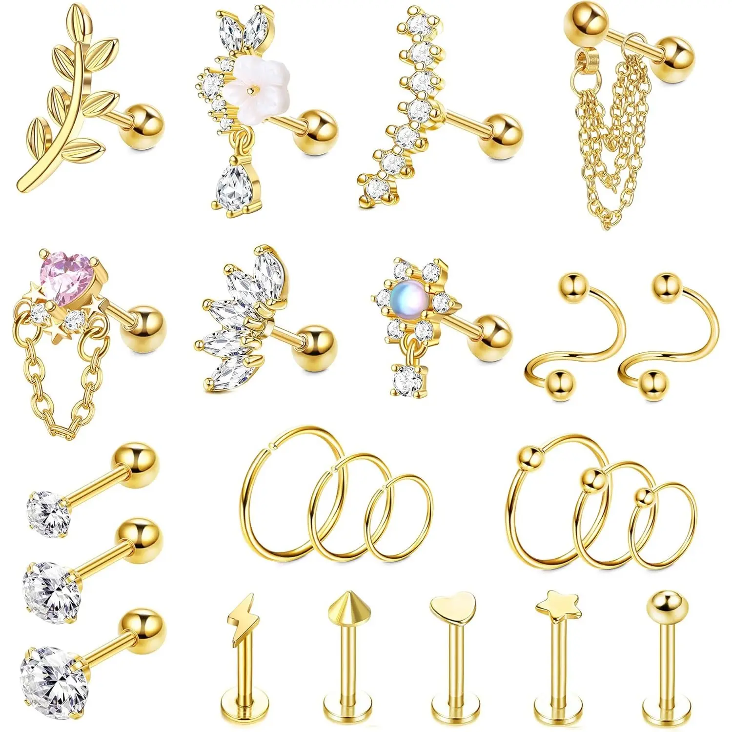 Milacolato 16G Hypoallergenic Surgical Stainless Steel Body Piercing Jewelry for Women - Cartilage Earrings, Conch Helix Tragus Flat Back Push-In Studs, Nose Studs & Labret Jewelry, Earring Stack, Flat Back Earrings, Tragus Earrings