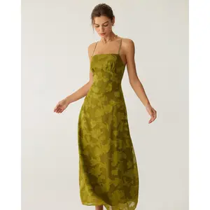 Green Floral Ruched Backless Slip Maxi Dress
