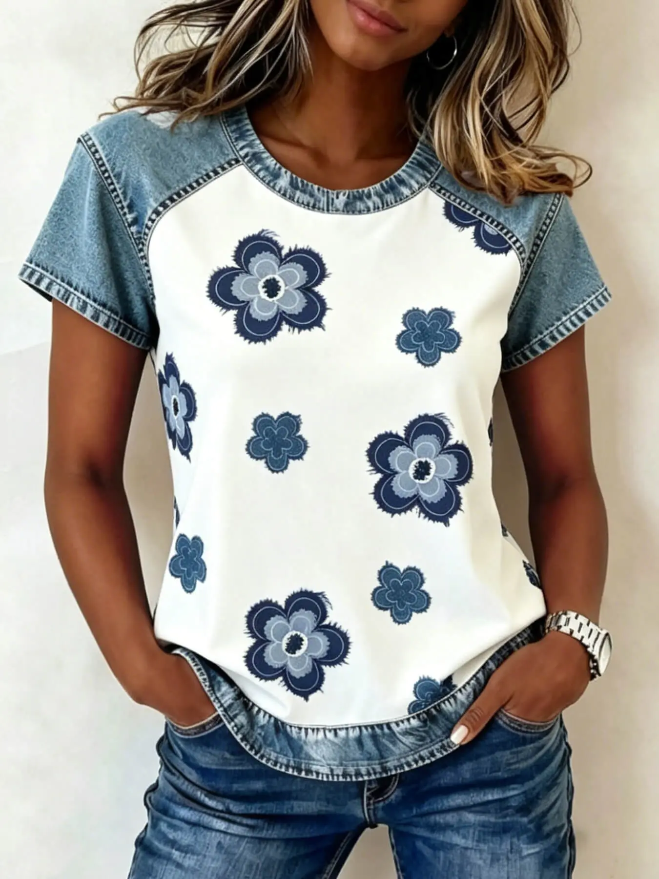 A women's fashionable and gentle casual Floral denim patchwork contrasting short sleeved round neck shirt with loose and slimming design, suitable for summer, home, indoor, and outdoor wear Casual Stylish Clothing Womenswear