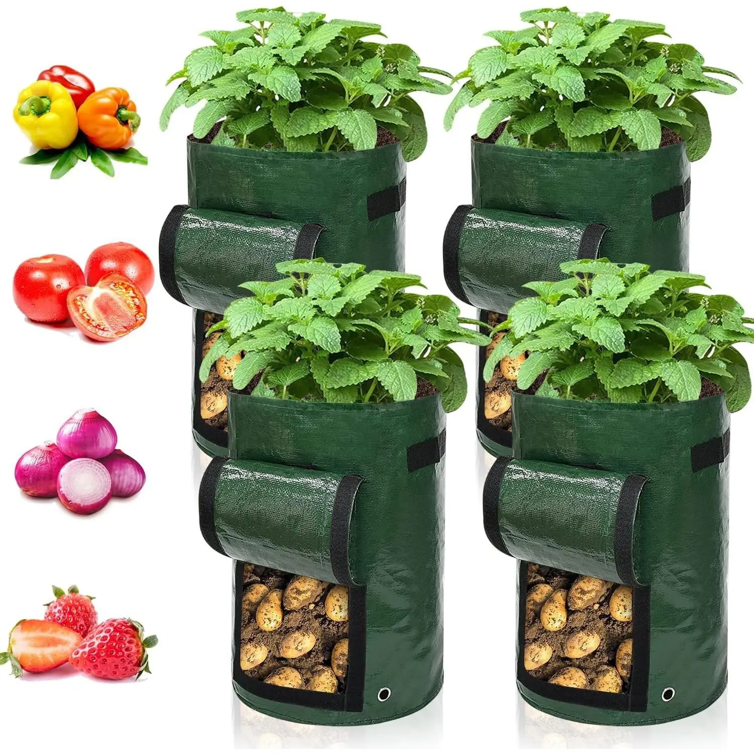 10 Gallon 4 Pack Plant Bags with Lid and Handle, Plant Bags for Potatoes Vegetables Flowers Herbs, Outdoor Garden Use, Garden Grow Bags, Planting Bags