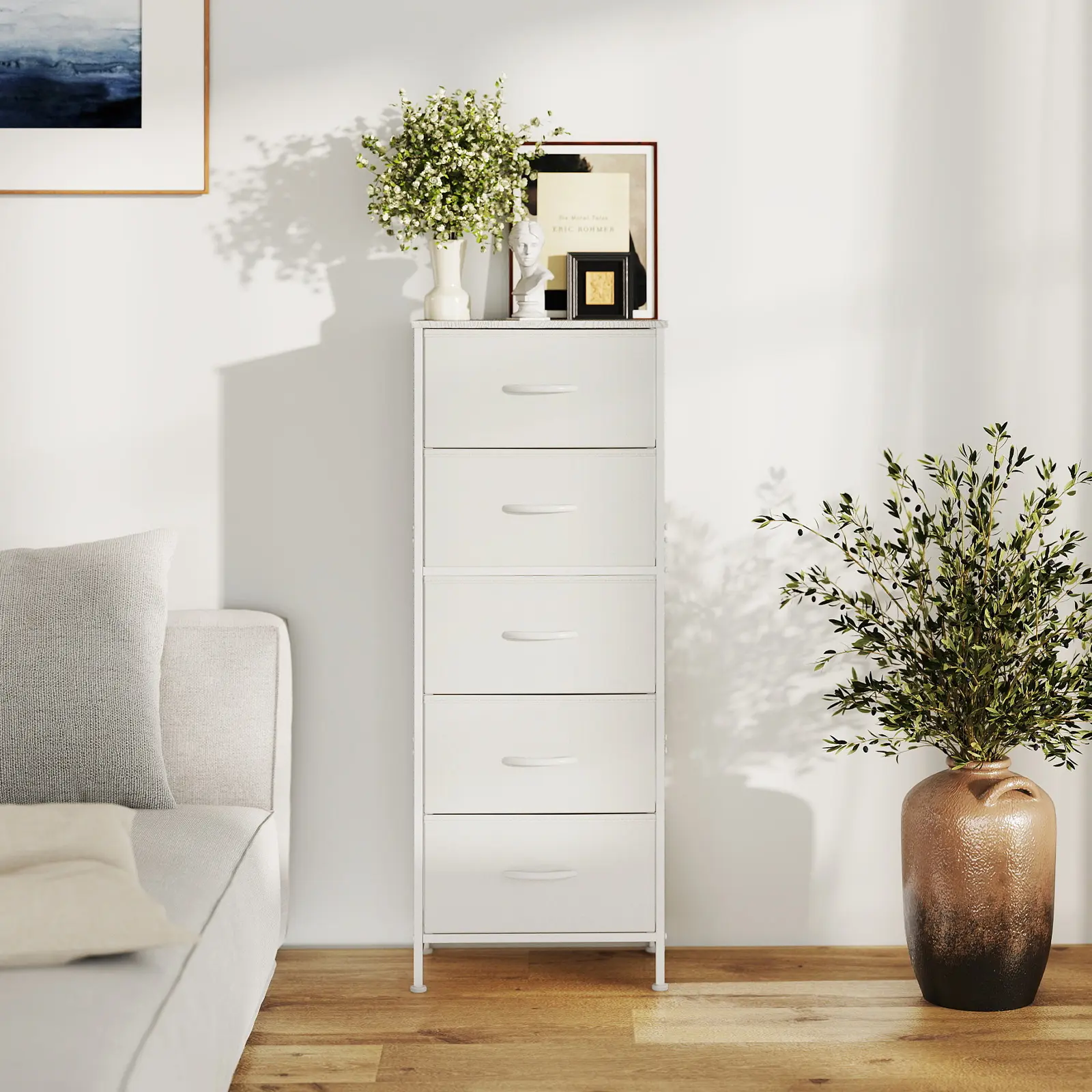 Brown Modern 5-Drawer Fabric Bedroom Dresser - Sturdy Steel Frame, Durable Artificial Wood Top, Space-Saving Vertical Design, PU Leather Accents, 11 lb Drawer Capacity, Floor Standing, Adjustable ft, Stackable, Easy Assembly, Closet Org Furniture, C