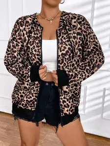 Plus Size Vintage Leopard Print Hooded Jacket, Y2K Zipper Sweatshirt Coat, Casual Home & Commute Wear, Fall Fashion