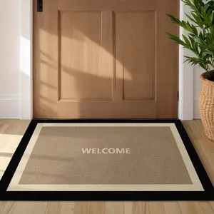 1pc Modern Beige and Brown Welcome Doormat, Flannel Floor Mat - Non-Slip Low-Profile Indoor/Outdoor Mat, Black Border Heavy-Duty Absorbent Entry Mat, Machine Washable - Suitable for Front Door, Patio, and Home Entry