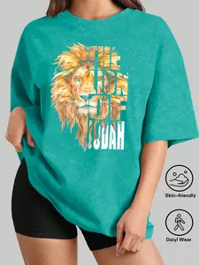 The Lion of Judah Lion Head Women's Casual Short Sleeve Crew Neck Cotton T-Shirt – Bestselling Christian Faith Graphic Print, Mineral Wash Black, Machine Washable Spring & Summer Top, Soft Skin-Friendly Fabric, Daily Versatile, Fashion Design