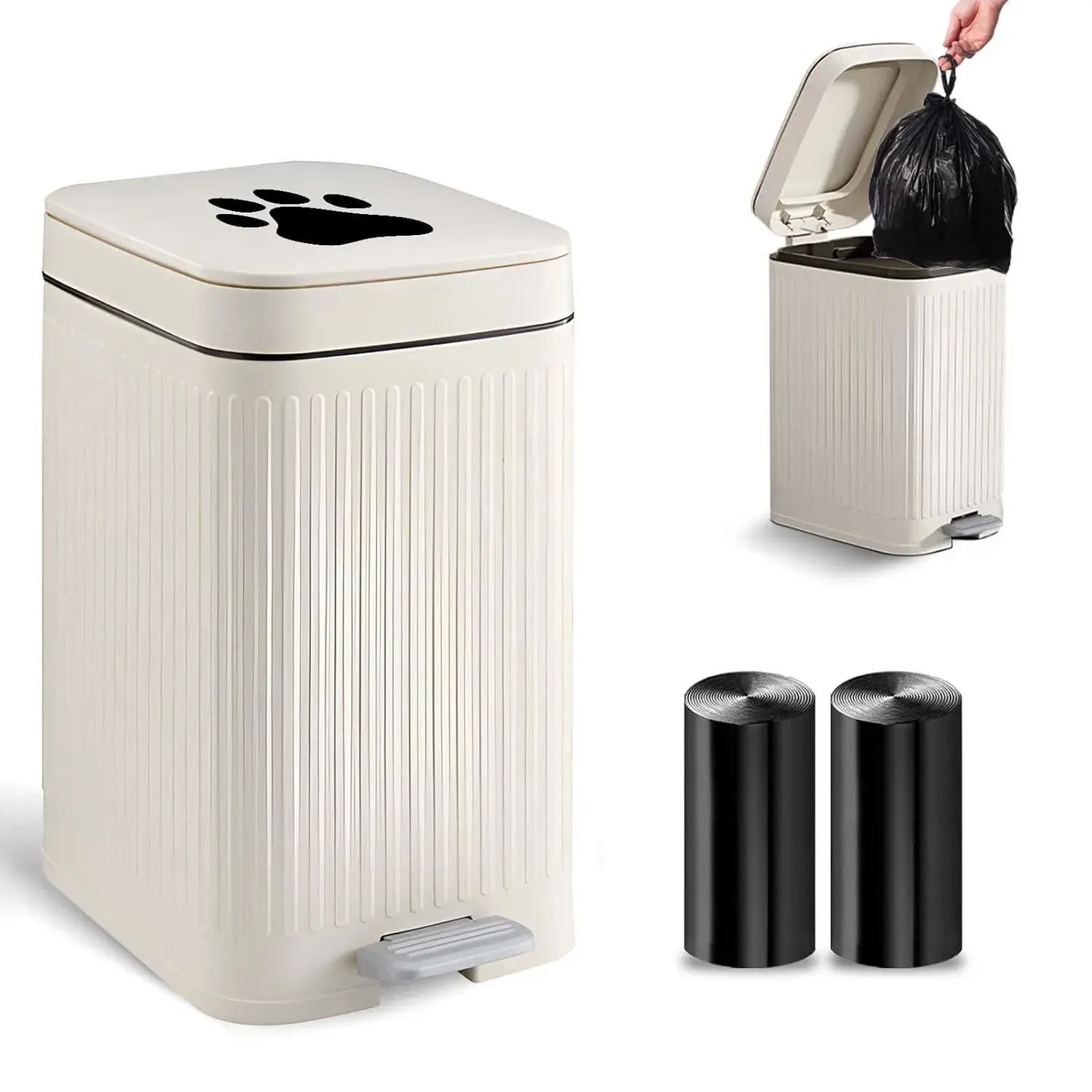 Dog Poop Trash Can Outside, 5L/1.3 Gal Dog Poop Bucket with Lid, Foot Pedal, Dog Waste Container with 40 Bags, Lid Soft Close for Pet, White