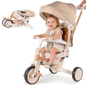 7-in-1 Tricycle Stroller for Toddlers 1-3 Years Foldable Baby Trike with Steering Push Handle & Safety Features Brown