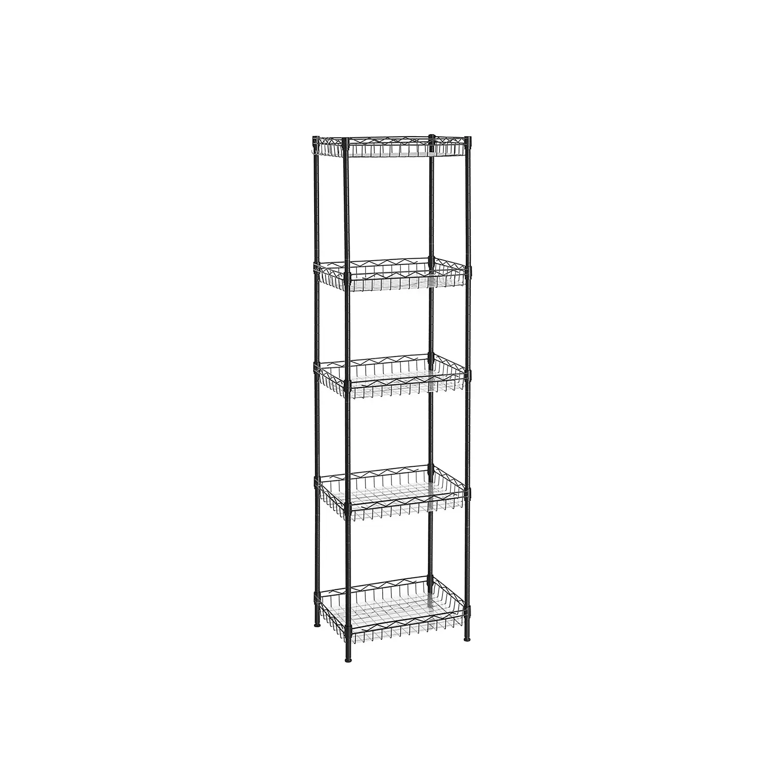 SONGMICS 5-Tier Metal Storage Shelves, Kitchen Rack, Adjustable Shelves, 4 Hooks, PP Sheets, Total Load Capacity 220 lb, for Bathroom
